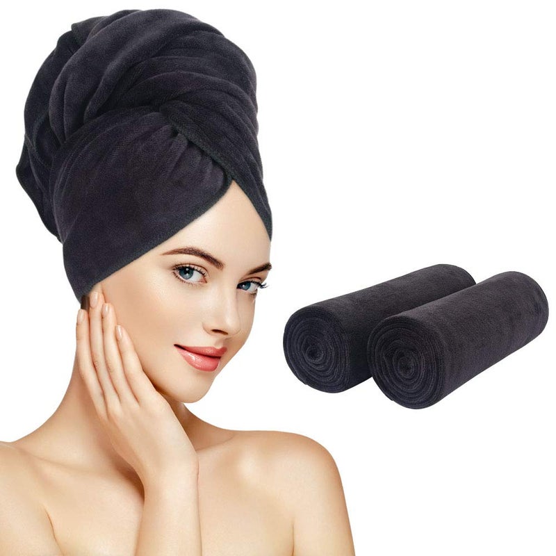 SUNLAND Microfiber Hair Towels Anti Frizz Hair Drying Towel Super Absorbent Fast Drying Turbans for Wet Curly Hair Soft Hair Towel Wrap with Elastic Band for All Hair Types 40 X 20 inches 2Pack Black - Image 1
